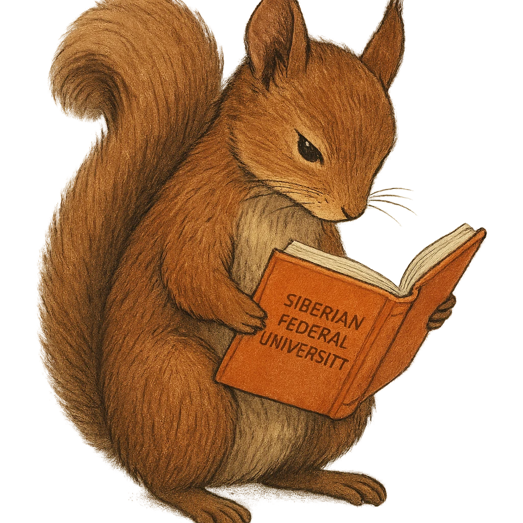 A cute brown squirrel with an orange book, studying at Siberian Federal University, looking down, full body, detailed fur, intelligent and beautiful emoji