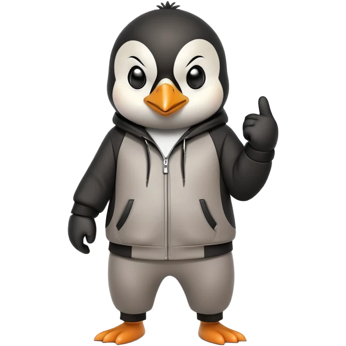 friendly anthropomorphised penguin wearing a mafia-style tracksuit, secretive scheming pose, angry expression, determined stride, holding a knuckle duster emoji
