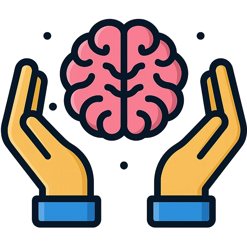 two hands on the sides and a brain in the center icon, clear outlines, strong shadows and highlights, psychosomatics and psychology theme, fun and not too complex emoji