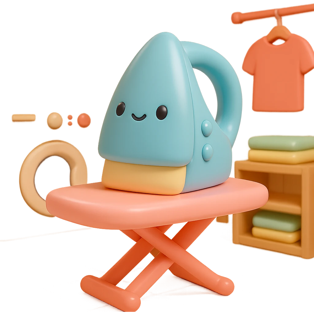 Place the vinyl figure style iron and ironing board in a cozy laundry room scene, with playful details and soft lighting, keeping the vinyl-figure look. emoji