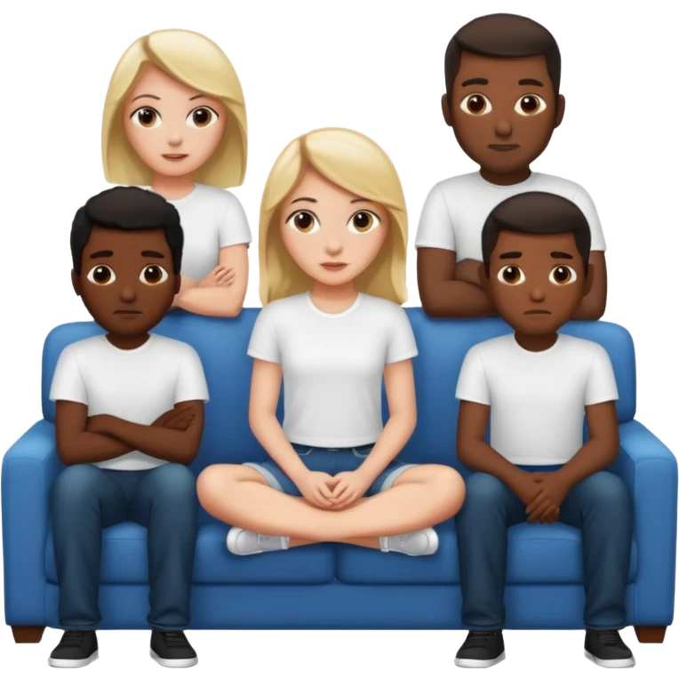 A white girl sitting on a couch with five black men in white shirts behind her  emoji