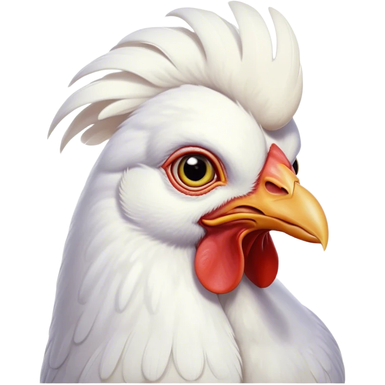 Cinematic Noble White Chicken Portrait Emoji, Poised and regal, with a compact, sturdy build and a pristine, well-groomed pure white plumage, deep-set soulful beady eyes, Simplified yet sharp and sophisticated features, highly detailed, glowing with a soft, dignified glow, high shine, intelligent and alert, stylized with an air of barnyard elegance, focused and attentive, soft glowing outline, capturing the essence of a watchful and confident fowl, so majestic it feels as though it could strut out of the screen with effortless authority! emoji