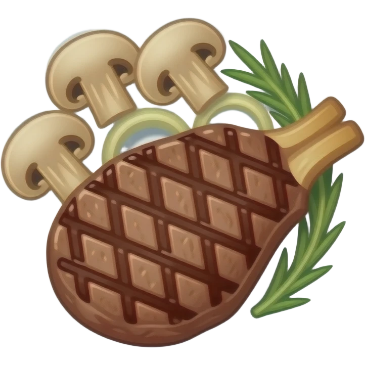 grilled beef steak with mushrooms and onions, only steak, sliced mushrooms and onion rings, no plate, no side dishes, premium casual game art, 3D cartoon, front view, centered, no outline, transparent background emoji