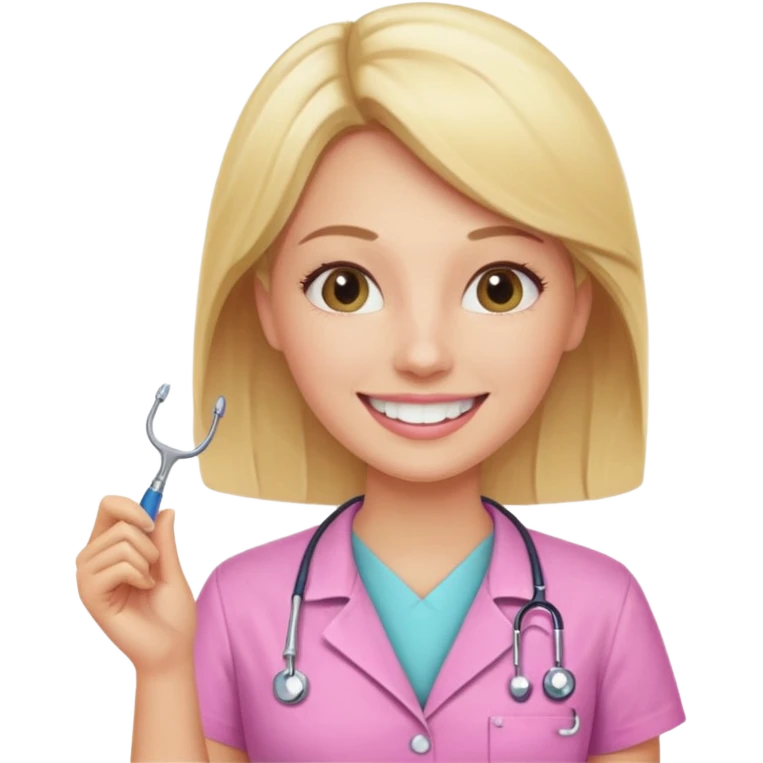dentista mulher, loira, pele branca, camisa rosa, sorrindo transmitindo verdade e confiança emoji