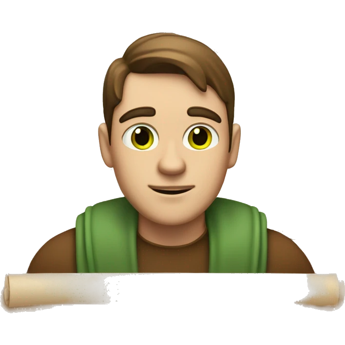 a light-skinned green-eyed man with brown hair sitting in front of the paper scroll  emoji
