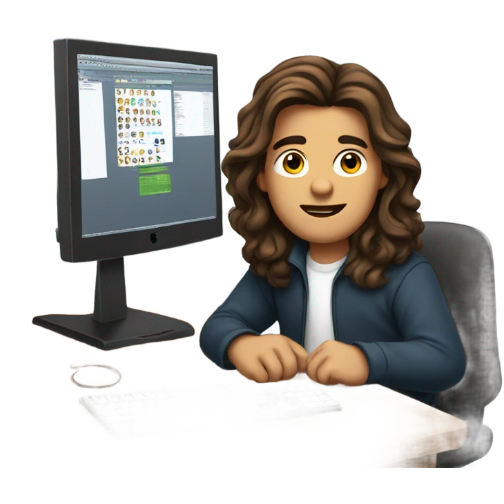 young man with long brown hair working on a mac computer emoji