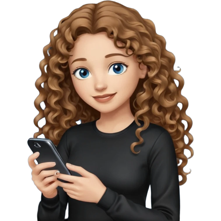 generate a pretty woman with blue eyes, light skin and medium brown long wavy/curly shiny hair holding a phone she is looking at the phone while looking down at the screen. she is wearing an ALL black long sleeve emoji