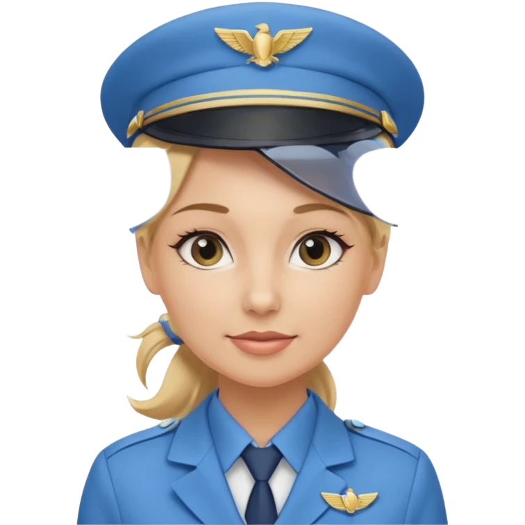 Create an emoji of a female flight attendant with blonde hair tied up, wearing alight blue flight attendant hat and a blue flight attendant uniform. emoji