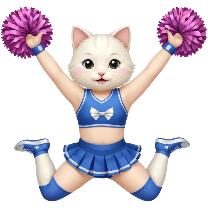 A chubby white kitten cheerleader in pastel uniform jumping in cheer pose. emoji