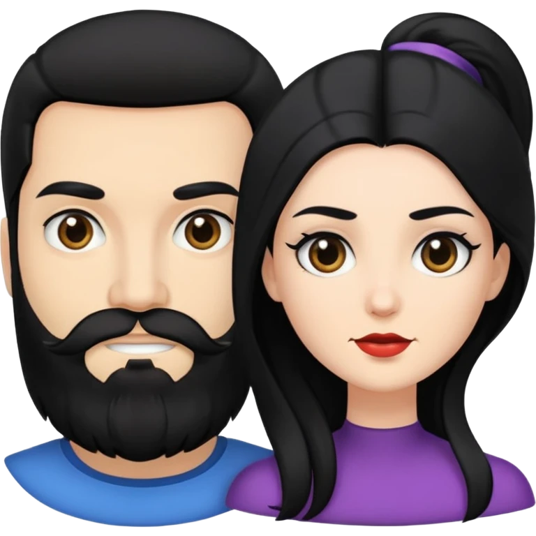 couple of newlyweds, white skin man with black hair and black beard; white skin woman with long black hair and black eyes emoji