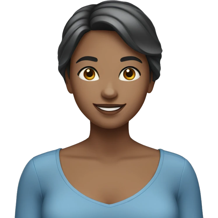 a girl with straight short dark brown hair, gray eyes, in a blue blouse is smiling emoji