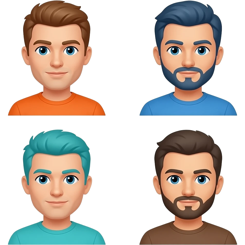 Five characters orange, blue, turquoise, brown, white. emoji