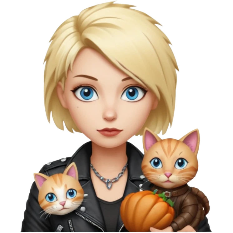 A blonde punk rocker woman with blue eyes with a thanksgiving turkey cat emoji