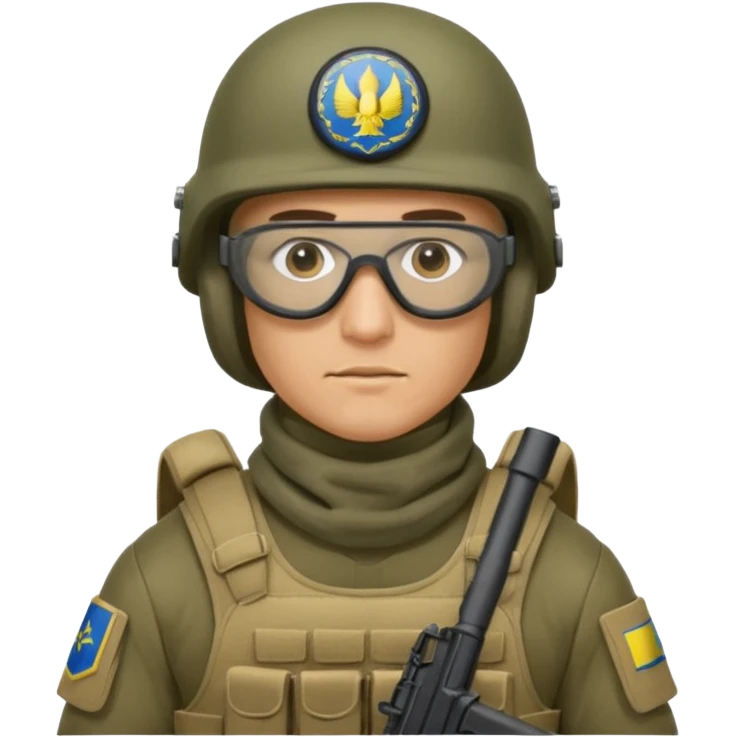 Ukrainian Intelligance agency warrior man in platecarrier with nato riffle in helmet, balaclava, poncho and ballistic glasses emoji