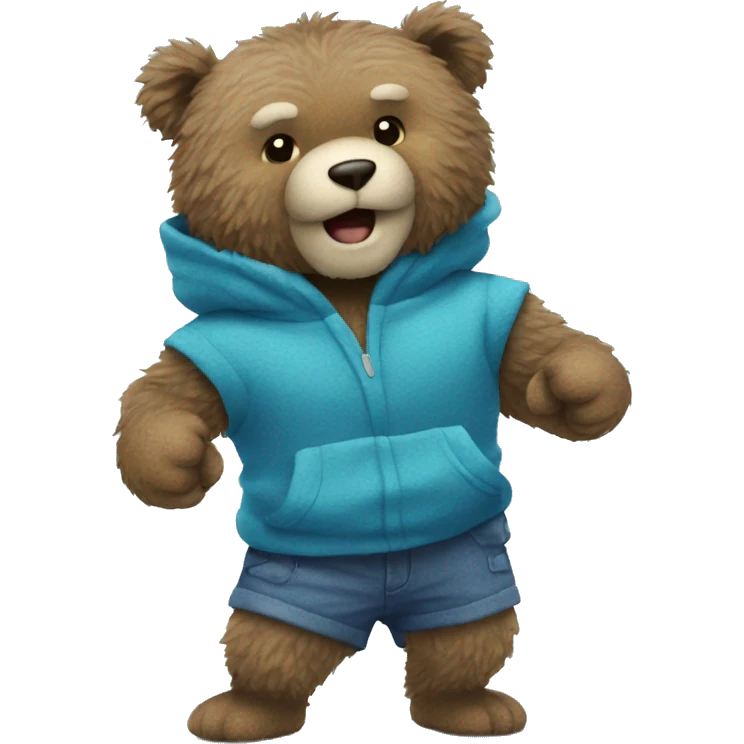 Blue fuzzy bear wearing clothes punching  at camera emoji