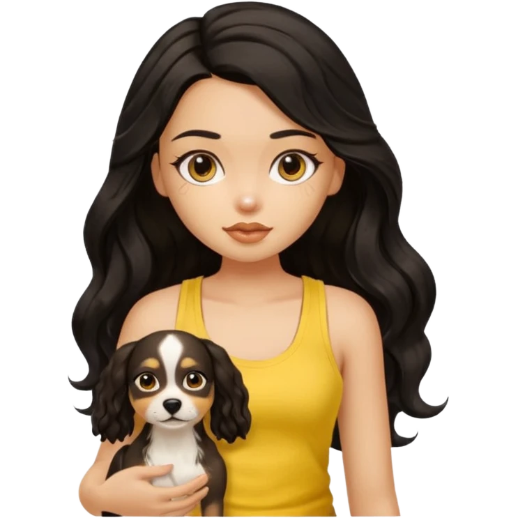 brown pretty bratz girl with long wavy black hair, wearing a yellow tank top with a dog emoji