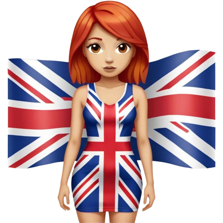 Geri Halliwell with red hair and blonde highlights wearing a short bodycon Union Jack flag dress emoji