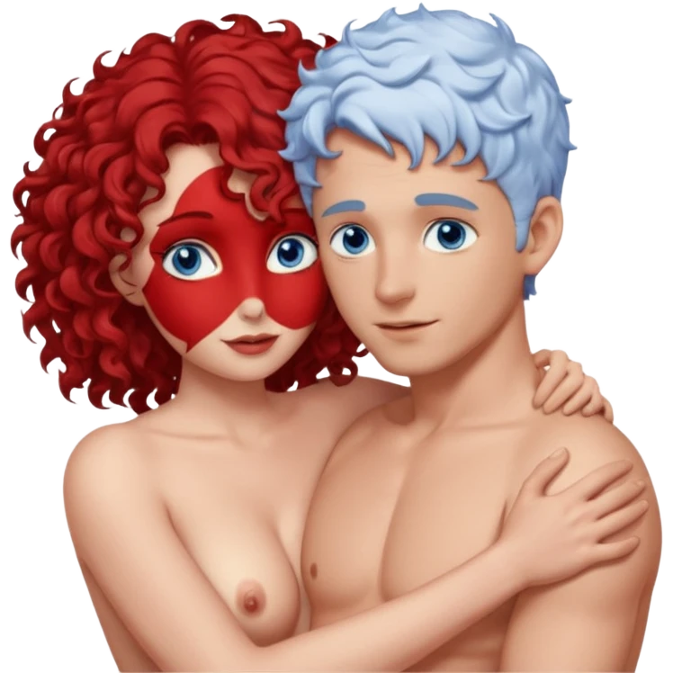 Homme nu cheveux blanc courts, yeux bleu barbe naissante + femme nu gros seins rousse cheveux longs bouclés yeux bleu faisant l'amour emoji