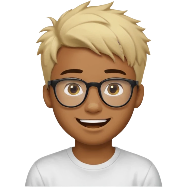 Teenager. Short buzz, messy blonde hair. Dark brown bushy eyebrows large expressive golden-brown eyes, brown skin color, scar over nose, wearing a plain white t-shirt. wearing clear thick black glasses. 20 year old male. laugh facial expression. brown skin color.  emoji