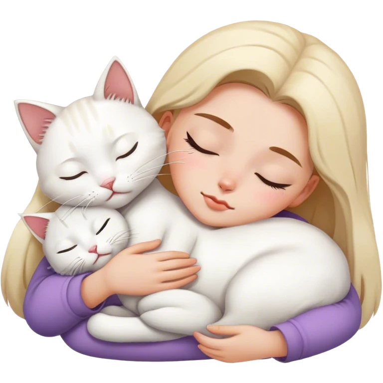 White cat sleeping on girl's with brow hair lap emoji