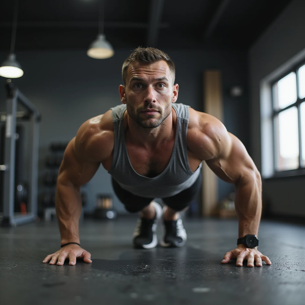 Uomo che si allena in palestra, esegue push up a terra, abbigliamento sportivo, fisico atletico, atmosfera motivazionale, dettagli iperrealistici 4K, ambiente moderno da palestra. emoji