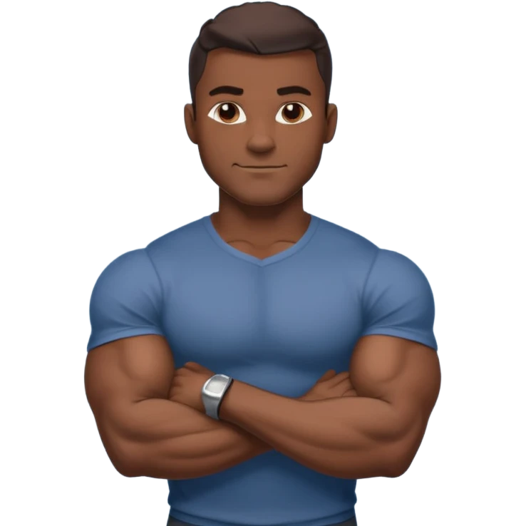 Adult male, dark skin, muscular build, confident smirk, arms crossed, sleek modern casual clothing, assertive pose, strong silhouette, bold shading. emoji
