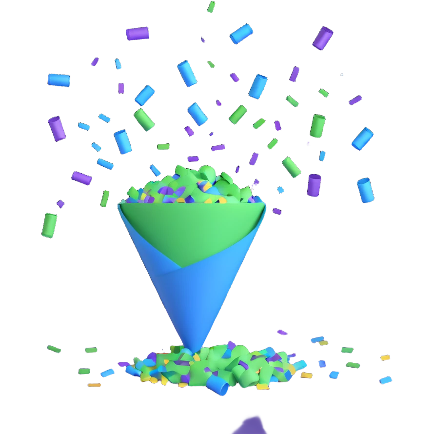 party popper, minimalistic, main colors green and blue, with confetti emoji