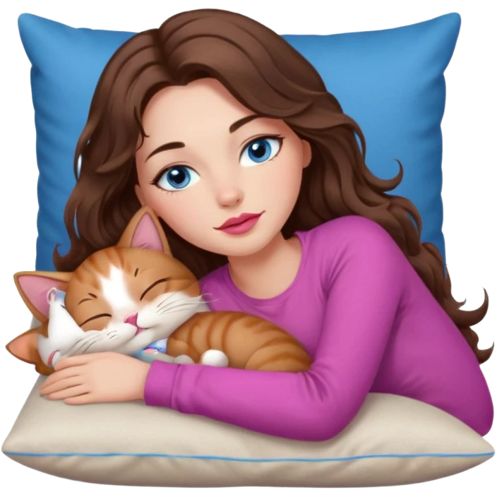 girl with long wavy brown hair, blue eyes, long lashes makeup, sexy pink lips, sleeping on a cozy pillow with 6 cats emoji