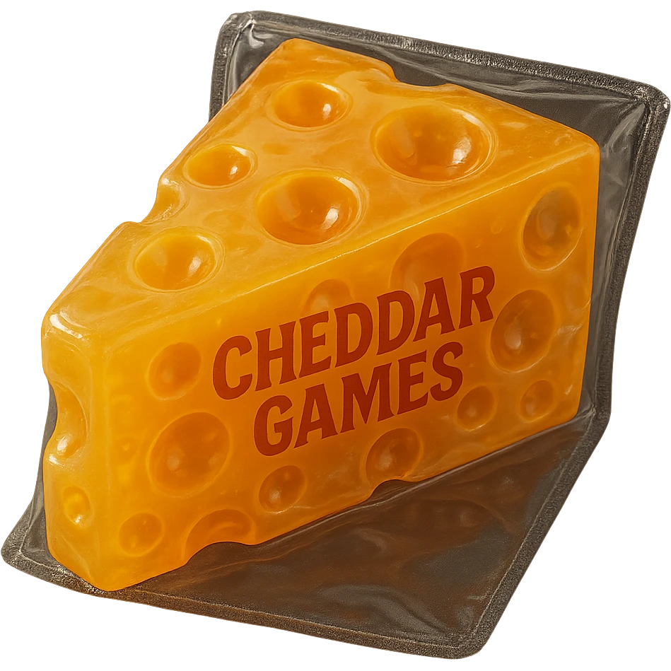 A retro, hyper-realistic block of cheddar cheese with Swiss holes, made of clear orange plastic, soft and squishy like a gummy, with soft reflections and cloudiness, sealed in plastic with 'Cheddar Games' text, no background, extremely high quality and detailed. emoji