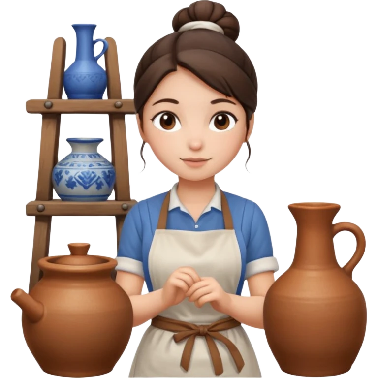 Brunette girl with bun, behind pottery wheel emoji