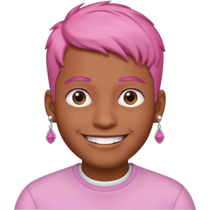 cool man with brown skin, short pink hair, two earrings, big smile, iOS emoji style emoji
