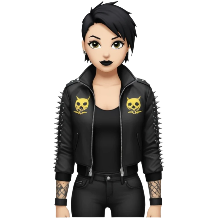 Give Rhea Ripley black hair and a spiked jacket and long black pants with black lipstick and sleeve tattoos emoji