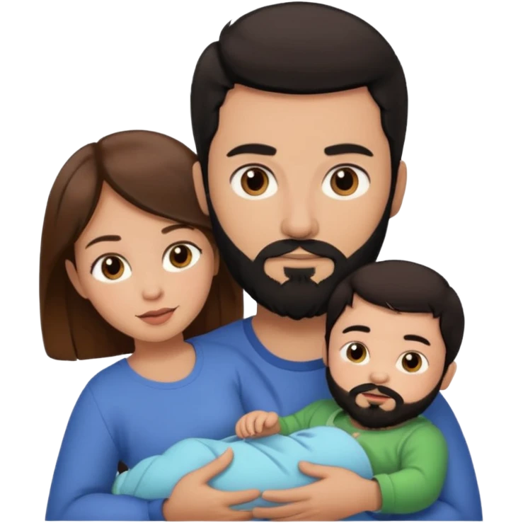 Una mujer con pelo castaño y ojos marrones  con un bebé y un hombre con pelo negro y barba sin bebe emoji