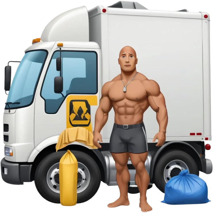 Dwayne the rock Johnson in speedo in front of trash truck emoji