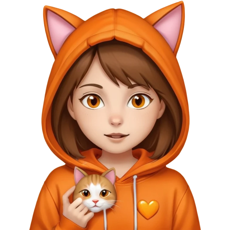 Una niña piel blanca, pelo castaño y lacio, ojos color miel, con un poleron naranja que en el gorro tiene una cara y orejas de gato, mordiendo un corazón naranja  emoji
