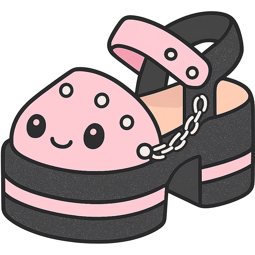Add a subtle glitter effect to the black-to-pastel pink gradient platform sandals with silver studs and chains, kawaii style, no socks, no hearts, transparent background emoji