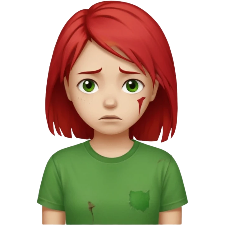Young girl with red, damaged, and unattractive hair, wearing a green T-shirt, with a sad and subdued expression. emoji