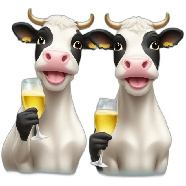 Three cute smiley cows drinking champagne emoji