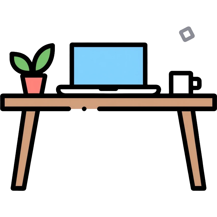 A neat desk workspace with an open laptop, coffee mug, and a small potted plant, minimalist and organized emoji