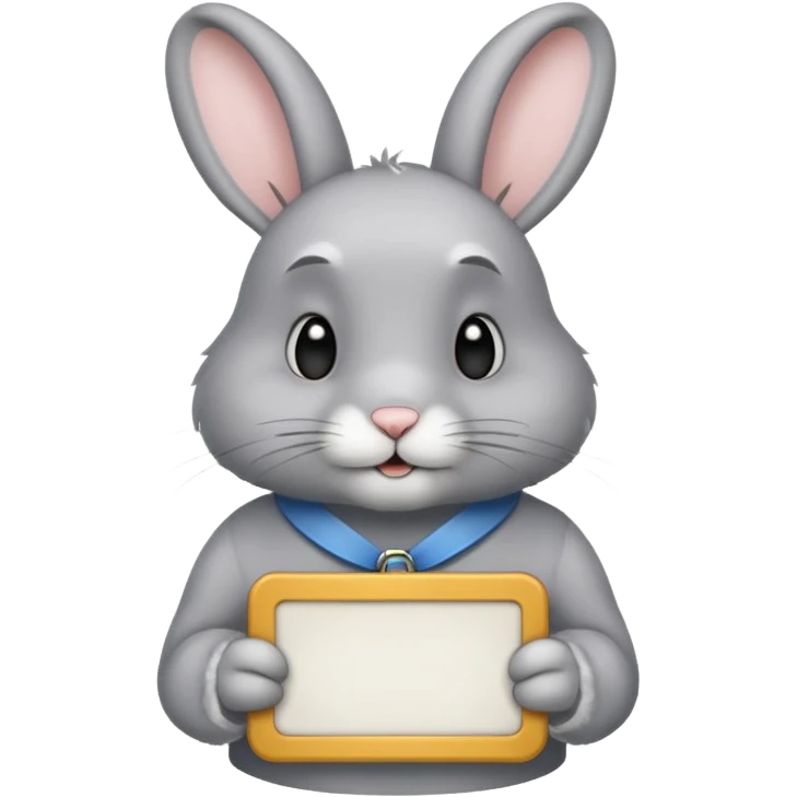 A grey rabbit with the nametag” Hugo” emoji