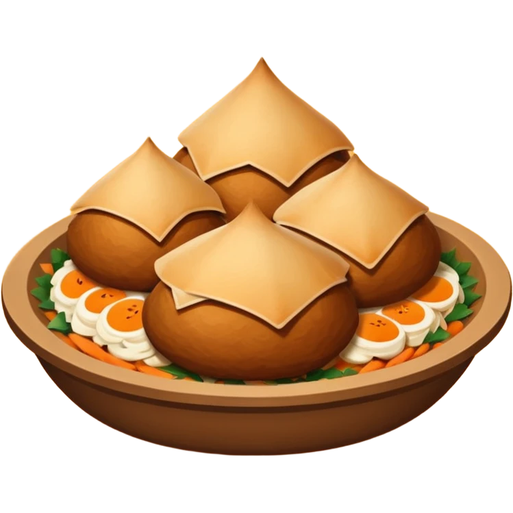 Uzbek cuisine humanless avatar in bright illustration. Classic dishes like plov and samsa, warm golden and earthy tones, simple shapes, flat design, high contrast, friendly and appetizing. emoji