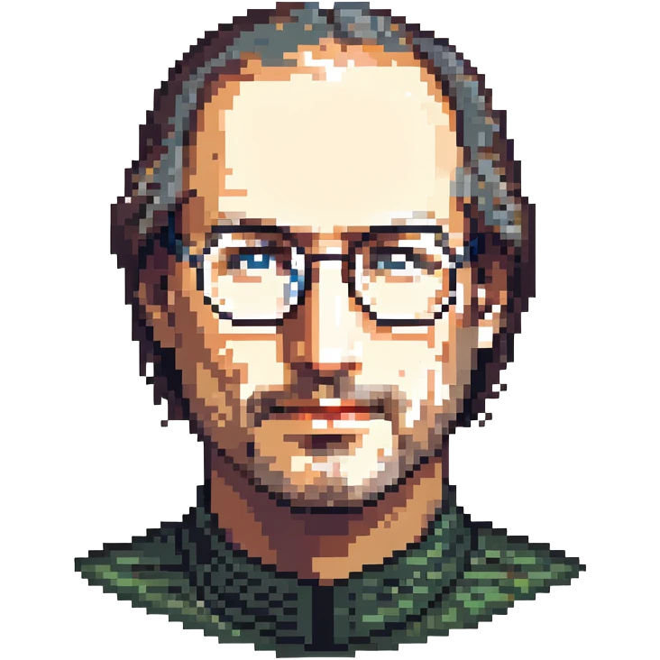portrait of Steve Jobs with iconic round glasses and stubble, neutral background, pixel art style emoji