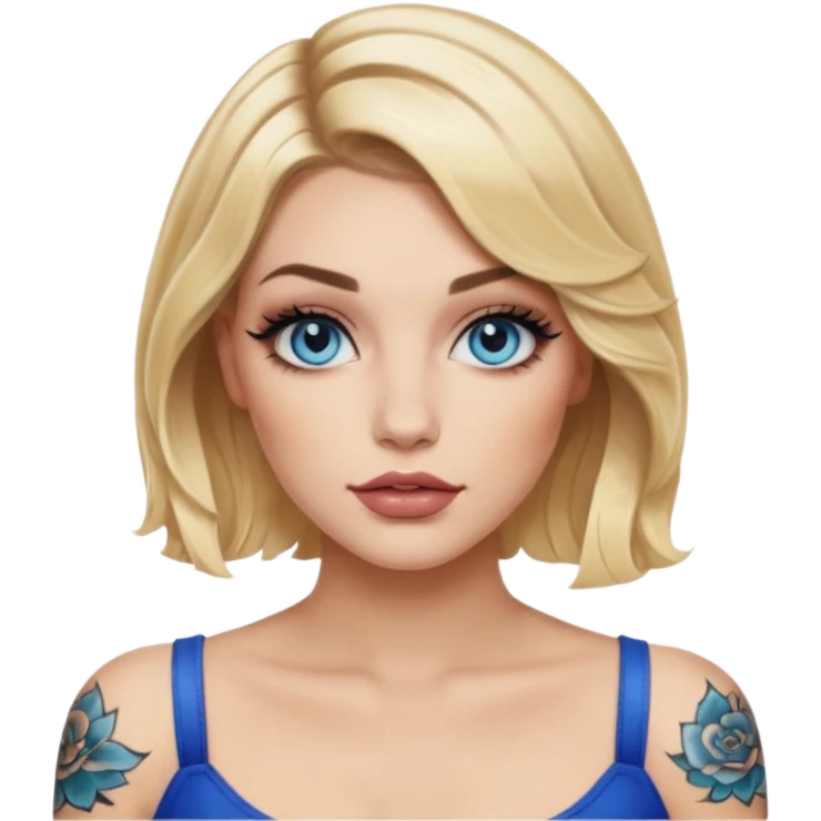 Woman, Blonde hair wavy Medium blunt bob, blue eyes, makeup Smokey lid with doe lashes, fuller glossy lips, tattoo on arms, wearing black emoji