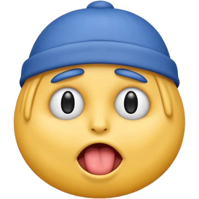 An emoji with a blue hat on its head and 1 blink and tongue sticking out emoji