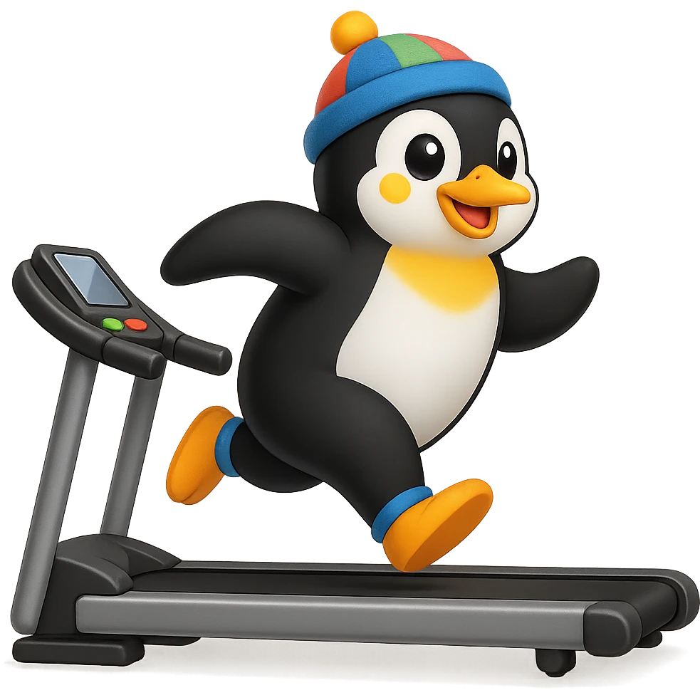 A penguin running on the treadmill wearing a hat, emoji style emoji