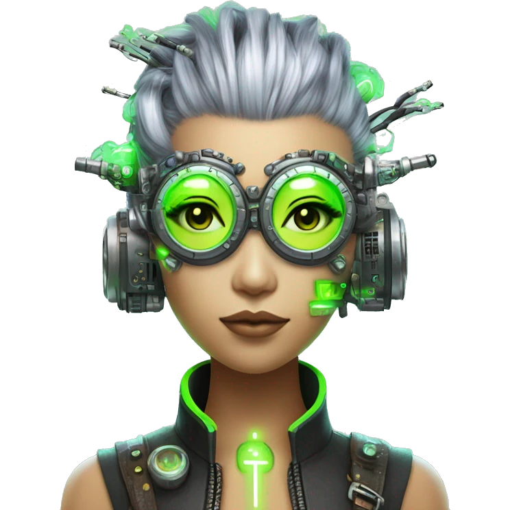 Neon green Mohawk hair Asian female cyborg head with silver steampunk goggles and circuits emoji