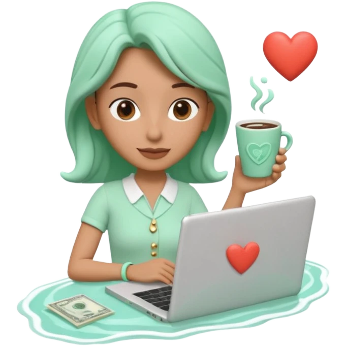 3D clay character relaxed with laptop and coffee, floating icons (envelope, heart, dollar), mint green (#34D399) outfit, coral (#FF7F6B) floating icons, white laptop, Pixar style, transparent background emoji