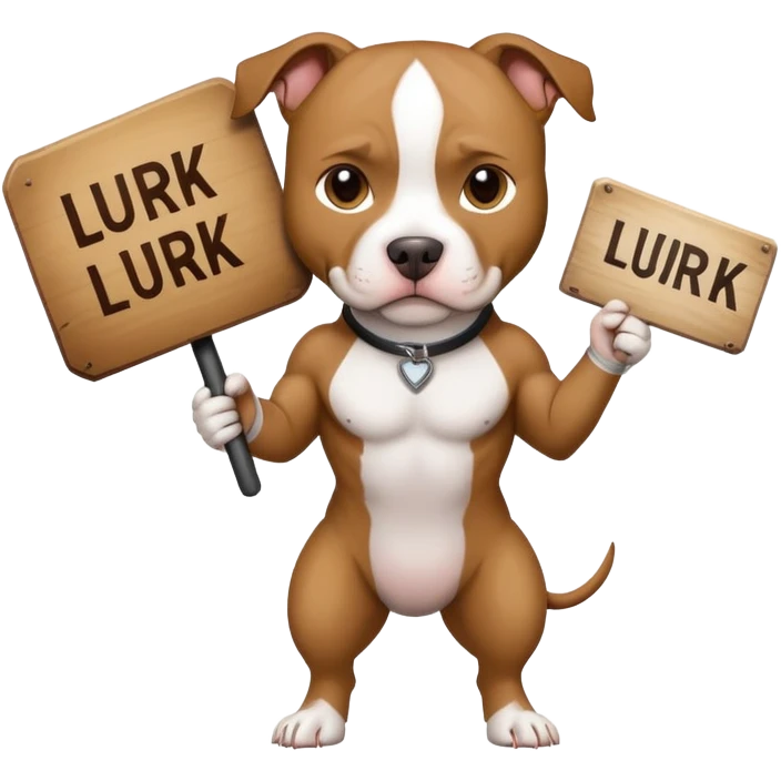 Pit bull holding a sign saying "Lurk" emoji