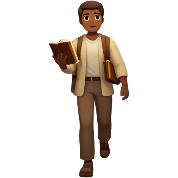 A man walks from darkness and inner conflict toward a glowing light in his chest, guided by intuition. Along the path, he passes through ambition and emptiness, then reaches a radiant mountaintop where healing transforms him into a fulfilled guide, holding a book and offering his hand to others. emoji