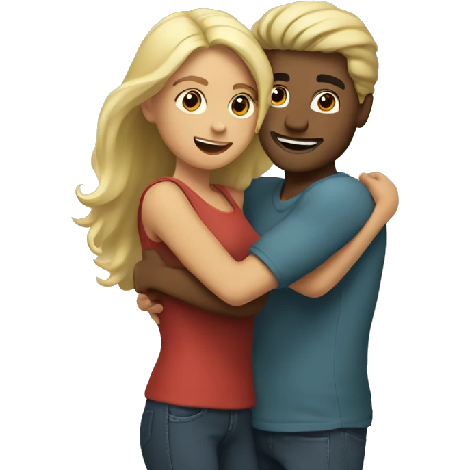 Blond man and hispanic woman hug each other emoji